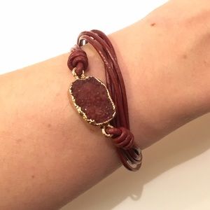 Red Leather and Druzy Quartz Bracelet